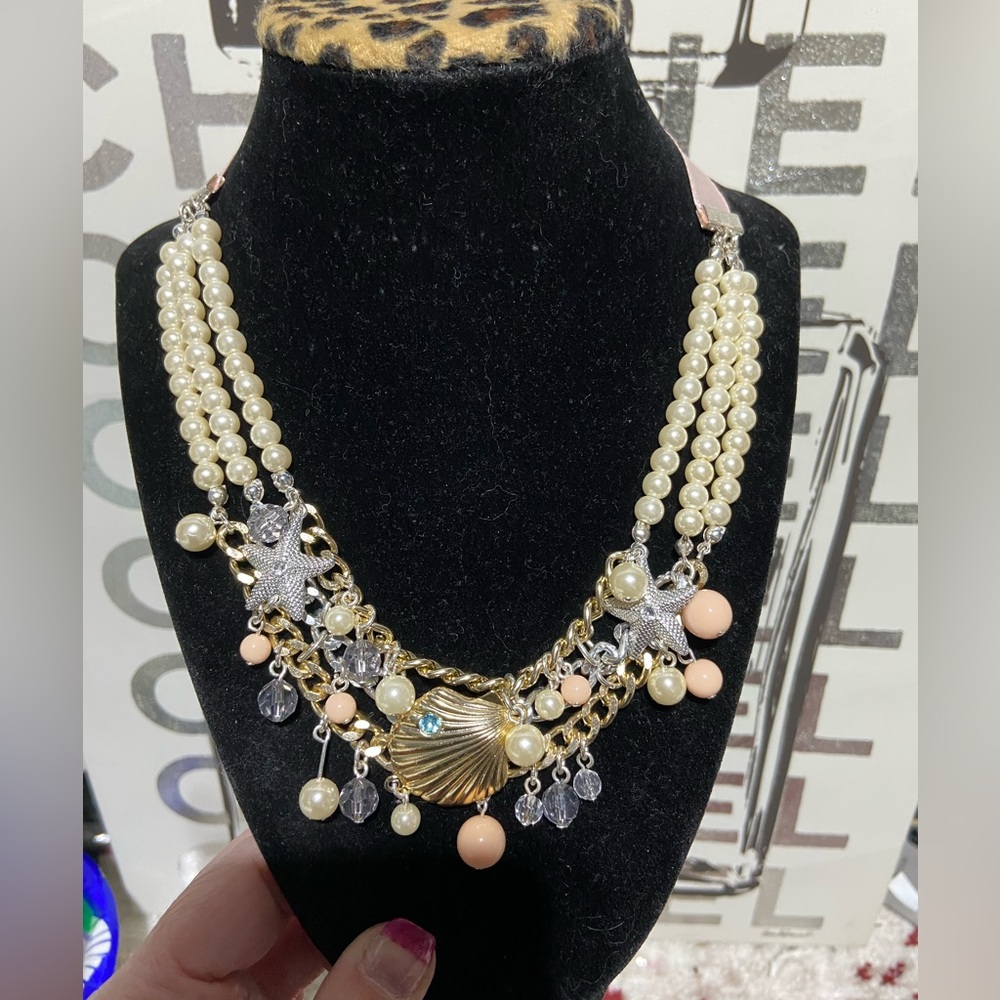Sea Necklace Starfish Faux Pearl Statement Ribbon